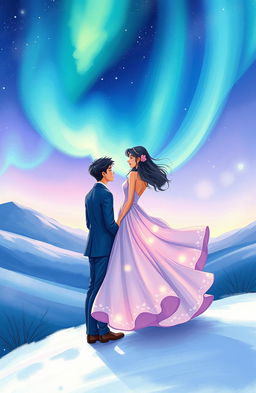 An enchanting cover illustration depicting a romantic scene of two lovers meeting under the captivating northern lights