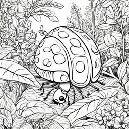 Black and white colouring book page featuring an adorable ladybug in a simple garden scene.