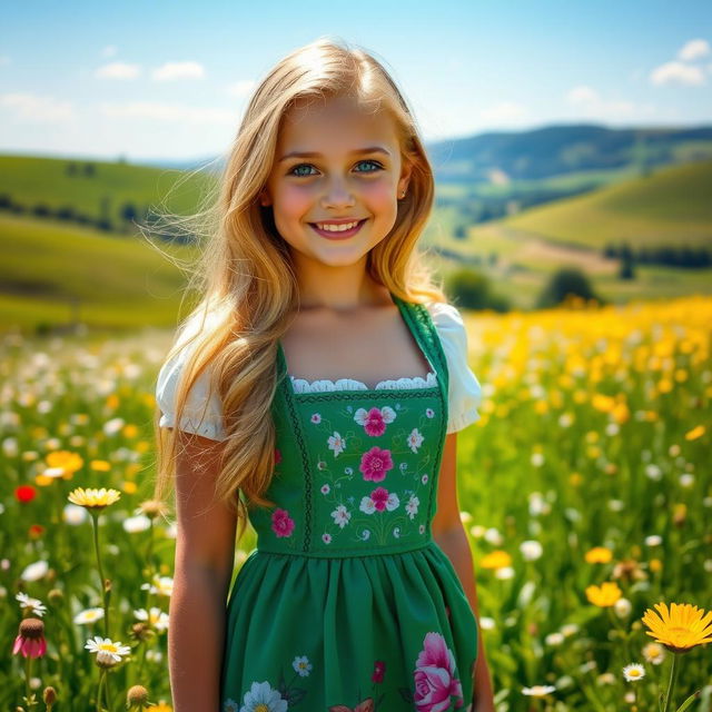 A beautiful German girl standing in a sunlit field of wildflowers