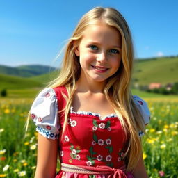 A beautiful German girl standing in a sunlit field of wildflowers