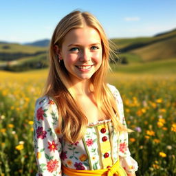 A beautiful German girl standing in a sunlit field of wildflowers