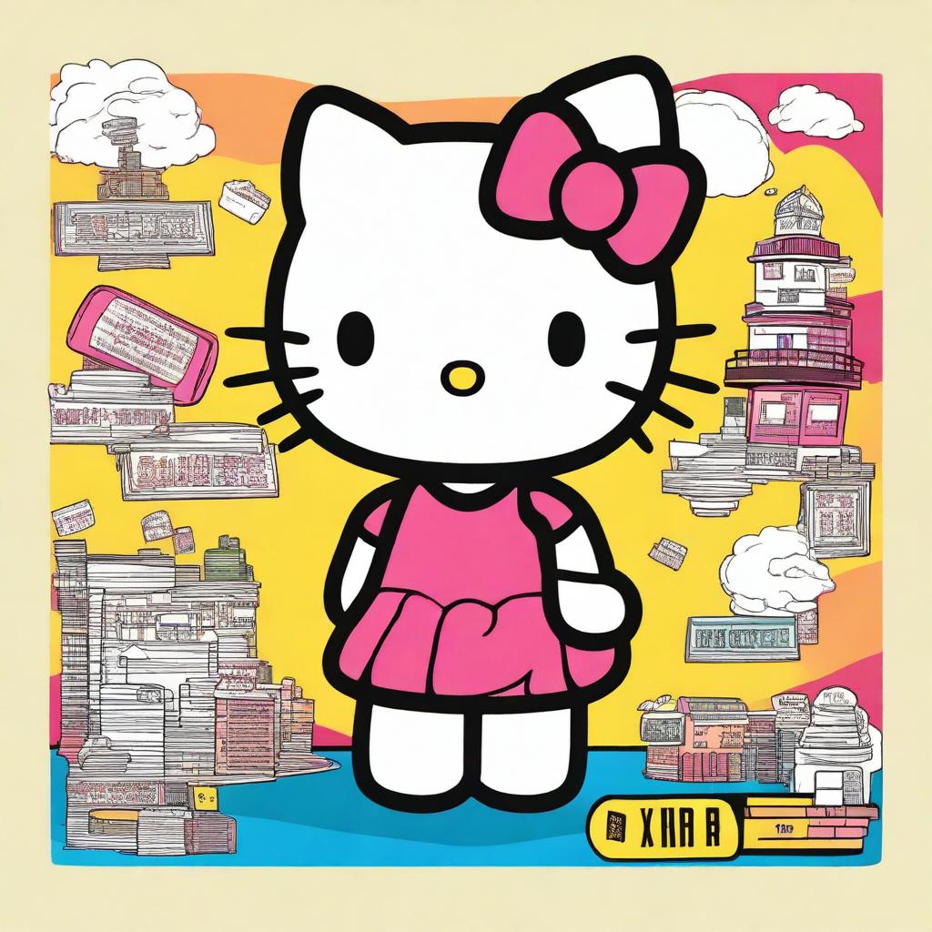 A highly detailed rendering of Hello Kitty, with sharp outlines and vibrant colors, joyfully holding up a big sign that boldly states 'Owns'