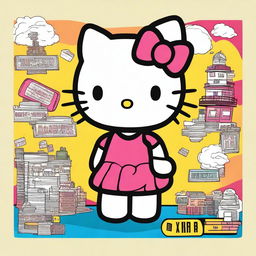 A highly detailed rendering of Hello Kitty, with sharp outlines and vibrant colors, joyfully holding up a big sign that boldly states 'Owns'