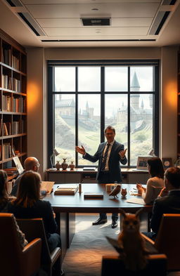 A professional and engaging scene depicting a business person in a sleek office environment inspired by elements from the Harry Potter series