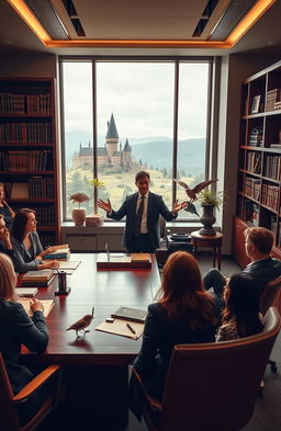 A professional and engaging scene depicting a business person in a sleek office environment inspired by elements from the Harry Potter series