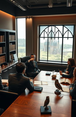 A professional and engaging scene depicting a business person in a sleek office environment inspired by elements from the Harry Potter series