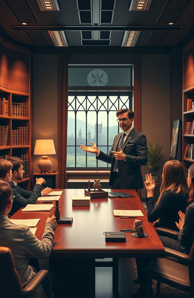 A professional and engaging scene depicting a business person in a sleek office environment inspired by elements from the Harry Potter series