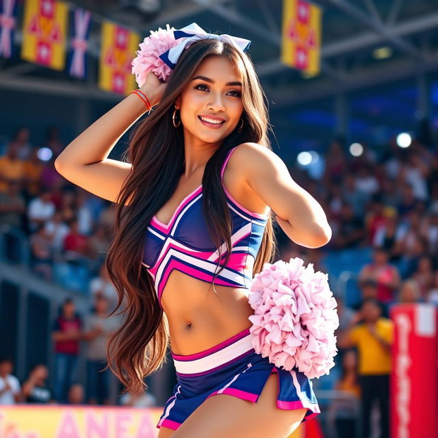 A stunningly beautiful Indo-Japanese cheerleader portrayed as a sexy and alluring figure