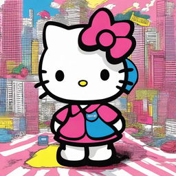 A highly detailed rendering of Hello Kitty, with sharp outlines and vibrant colors, joyfully holding up a big sign that boldly states 'Owns'