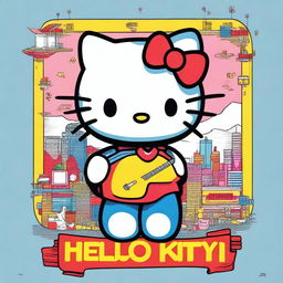 A highly detailed rendering of Hello Kitty, with sharp outlines and vibrant colors, joyfully holding up a big sign that boldly states 'Owns'