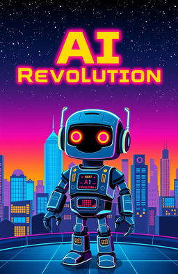 A retro futuristic AI-themed cover, featuring vibrant neon colors and imaginative 80s design elements
