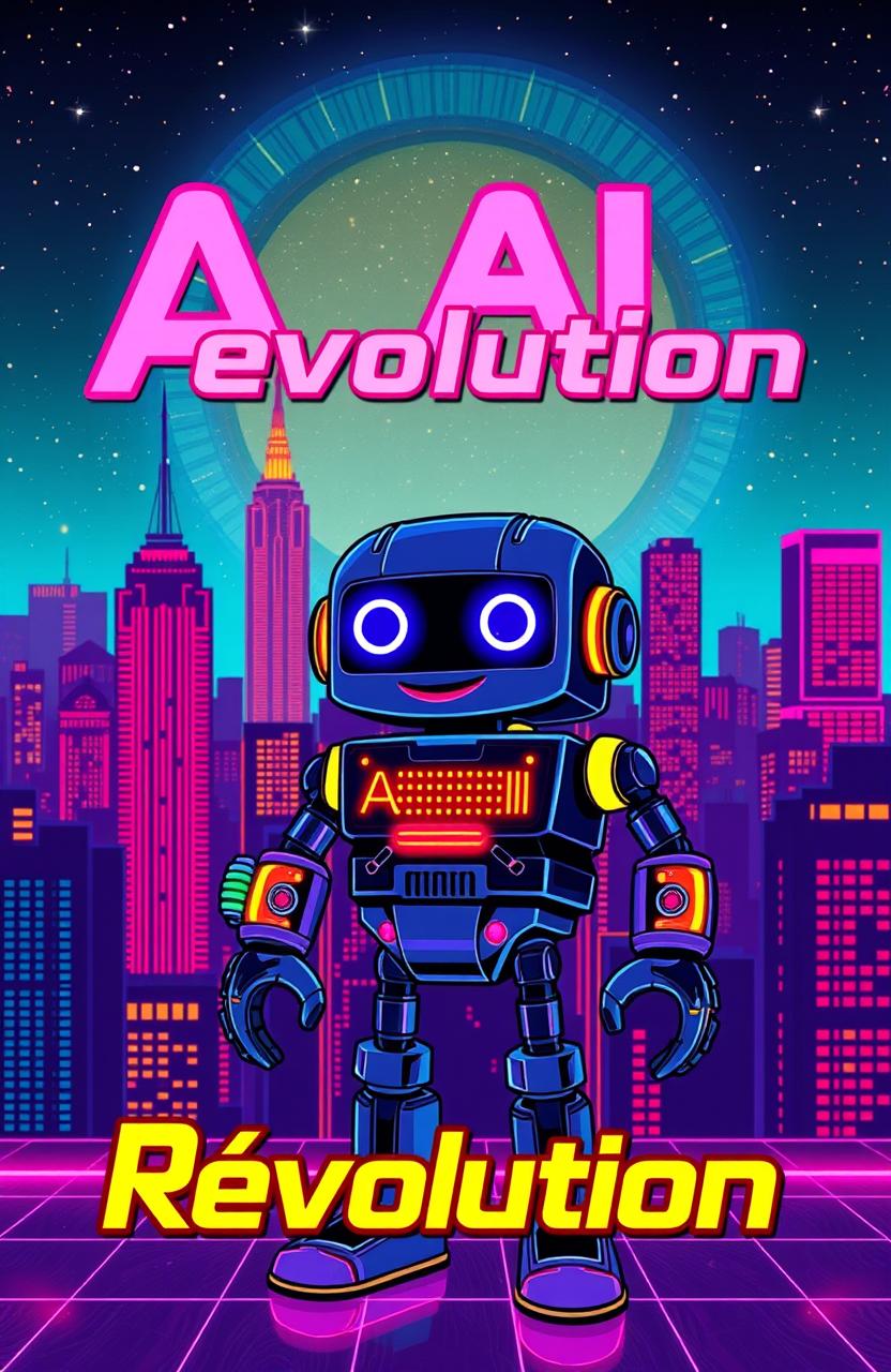 A retro futuristic AI-themed cover, featuring vibrant neon colors and imaginative 80s design elements