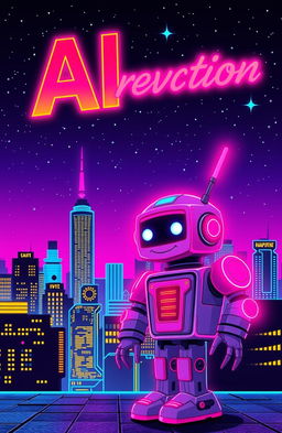 A retro futuristic AI-themed cover, featuring vibrant neon colors and imaginative 80s design elements