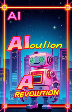 A retro futuristic AI-themed cover, featuring vibrant neon colors and imaginative 80s design elements
