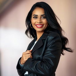 A 35-year-old woman with stunning black hair and alluring Latin features, elegantly dressed in chic and contemporary clothing that reflects her vibrant personality