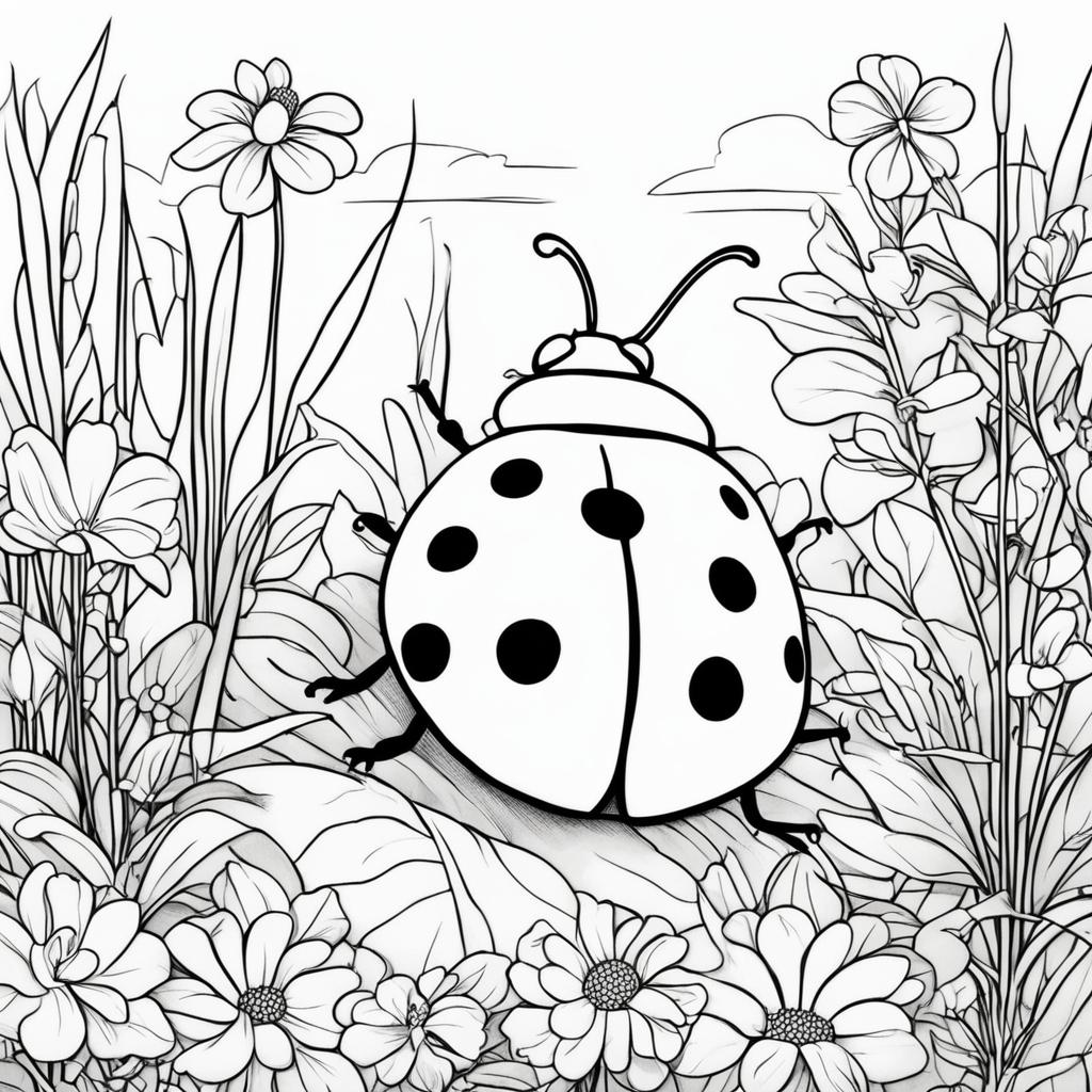 A simple black and white colouring book page featuring an adorable ladybug in a minimalist garden scene.