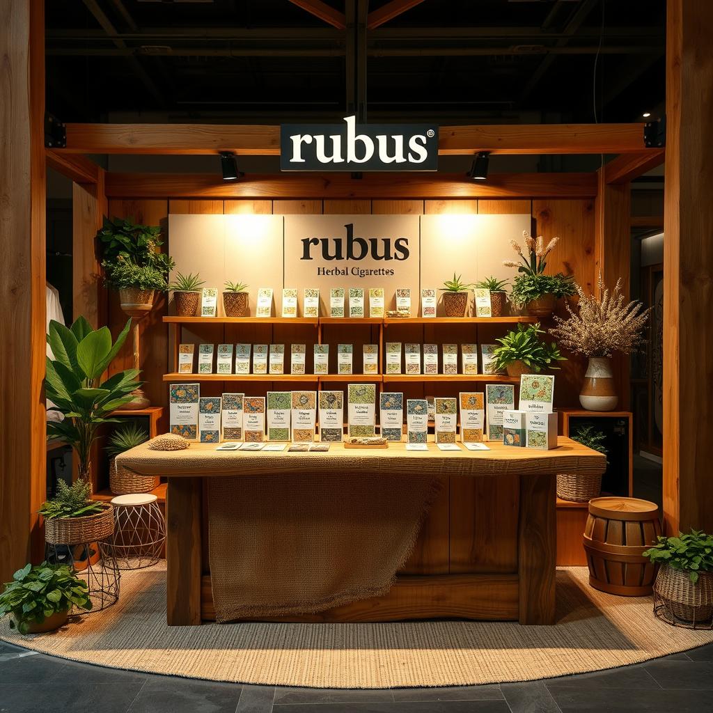 An eco-friendly and cozy large stand setup for a herbal cigarettes brand called rubus