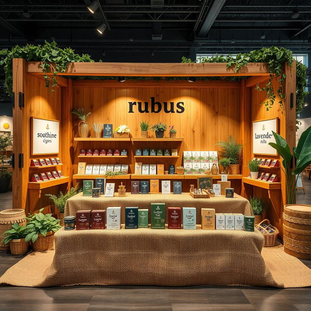 An eco-friendly and cozy large stand setup for a herbal cigarettes brand called rubus