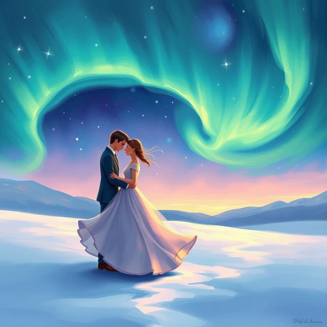 A captivating cover illustration depicting a romantic scene of two lovers meeting under the mesmerizing northern lights