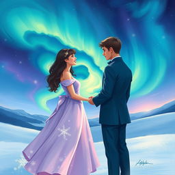 A captivating cover illustration depicting a romantic scene of two lovers meeting under the mesmerizing northern lights