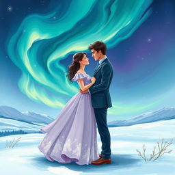A captivating cover illustration depicting a romantic scene of two lovers meeting under the mesmerizing northern lights