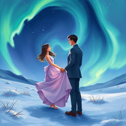 A captivating cover illustration depicting a romantic scene of two lovers meeting under the mesmerizing northern lights