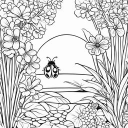 A simple black and white colouring book page featuring an adorable ladybug in a minimalist garden scene.