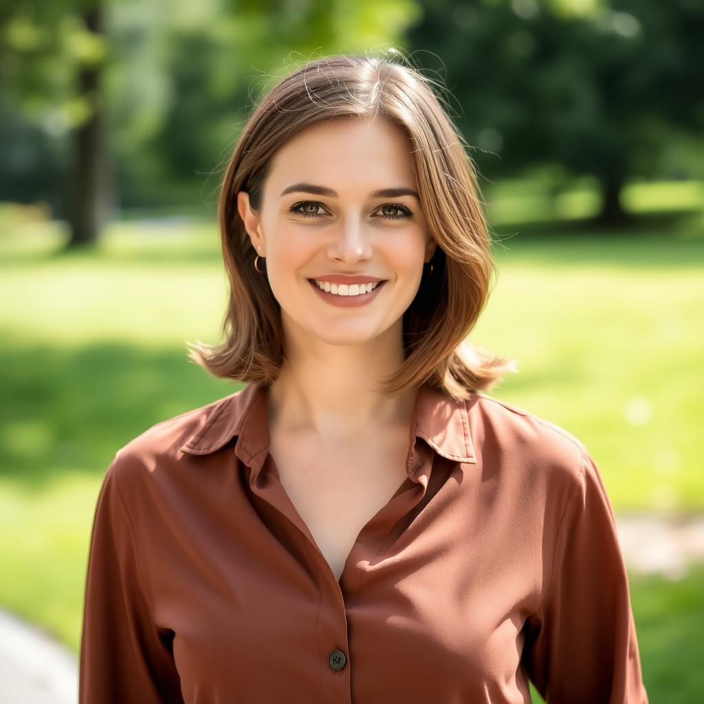 A confident 35-year-old German woman with a natural beauty, standing outdoors in a relaxed pose