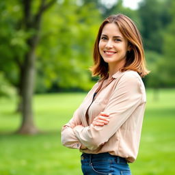 A confident 35-year-old German woman with a natural beauty, standing outdoors in a relaxed pose