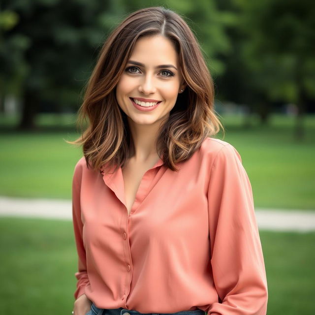 A confident 35-year-old German woman with a natural beauty, standing outdoors in a relaxed pose