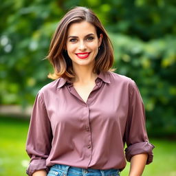 A confident 35-year-old German woman with a natural beauty, standing outdoors in a relaxed pose