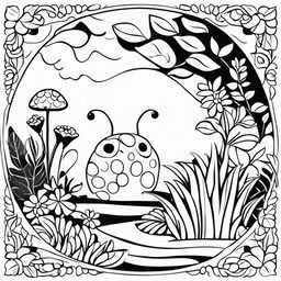 A simple black and white colouring book page featuring an adorable ladybug in a minimalist garden scene.