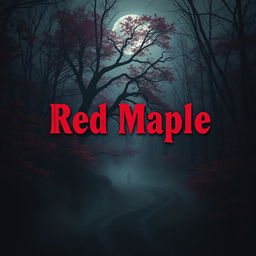 A chilling and mysterious image featuring a dark, eerie landscape dominated by deep red maple trees, their leaves shimmering with an unnatural glow