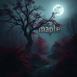 A chilling and mysterious image featuring a dark, eerie landscape dominated by deep red maple trees, their leaves shimmering with an unnatural glow