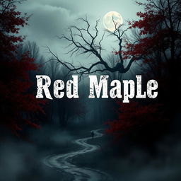 A chilling and mysterious image featuring a dark, eerie landscape dominated by deep red maple trees, their leaves shimmering with an unnatural glow