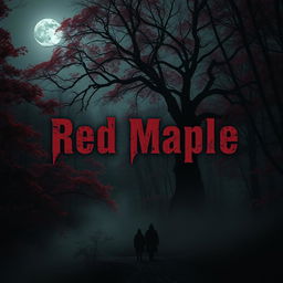 A chilling and mysterious image featuring a dark, eerie landscape dominated by deep red maple trees, their leaves shimmering with an unnatural glow