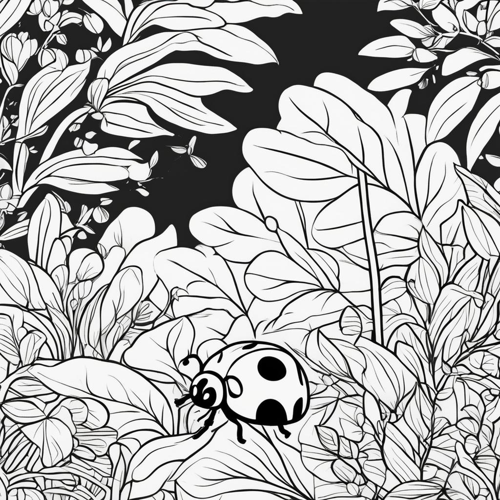 A simple black and white colouring book page featuring an adorable ladybug in a minimalist garden scene.