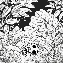 A simple black and white colouring book page featuring an adorable ladybug in a minimalist garden scene.