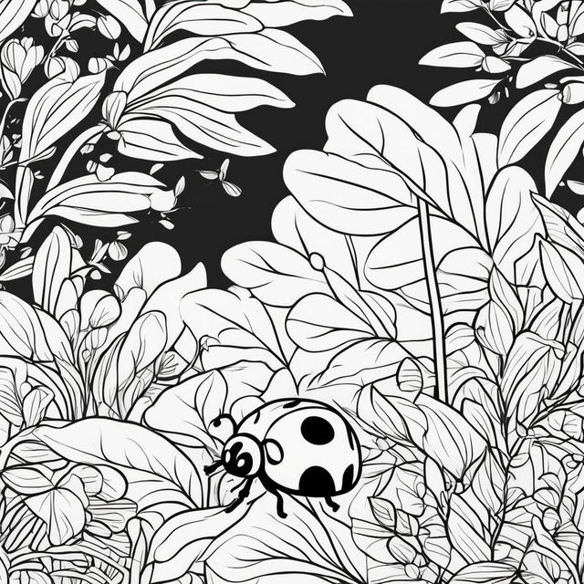 A simple black and white colouring book page featuring an adorable ladybug in a minimalist garden scene.