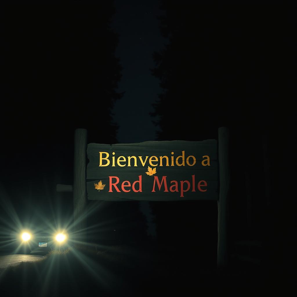 A nighttime scene depicting a weathered wooden sign that reads 'Bienvenido a Red Maple' illuminated by the bright headlights of a car approaching