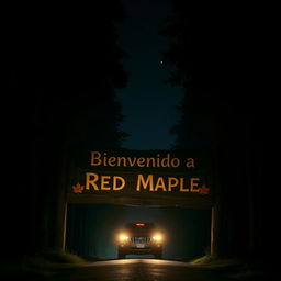 A nighttime scene depicting a weathered wooden sign that reads 'Bienvenido a Red Maple' illuminated by the bright headlights of a car approaching