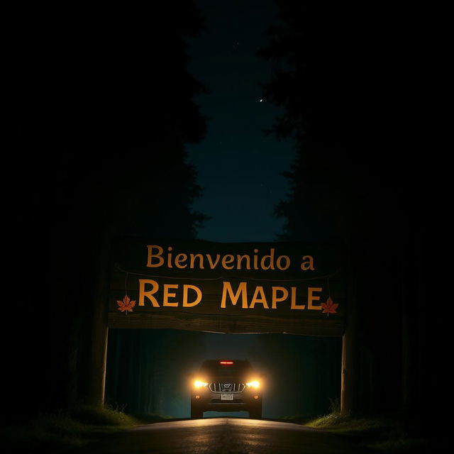 A nighttime scene depicting a weathered wooden sign that reads 'Bienvenido a Red Maple' illuminated by the bright headlights of a car approaching