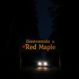 A nighttime scene depicting a weathered wooden sign that reads 'Bienvenido a Red Maple' illuminated by the bright headlights of a car approaching