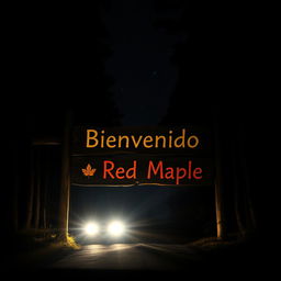 A nighttime scene depicting a weathered wooden sign that reads 'Bienvenido a Red Maple' illuminated by the bright headlights of a car approaching