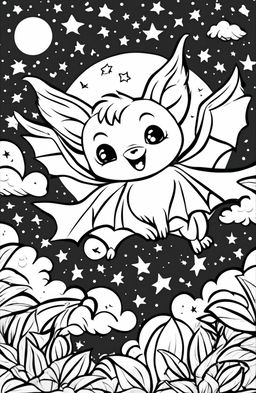 A child-friendly coloring page featuring the cutest cartoonish bat in mid-flight against a starry night sky background.