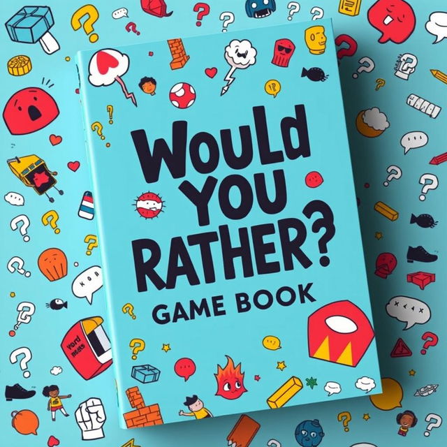 A visually engaging book cover design for a 'Would You Rather?' game book, featuring bold and playful typography that captures the essence of fun and curiosity