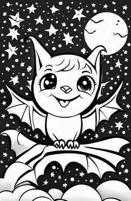 A child-friendly coloring page featuring the cutest cartoonish bat in mid-flight against a starry night sky background.