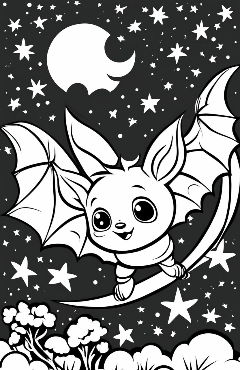 A child-friendly coloring page featuring the cutest cartoonish bat in mid-flight against a starry night sky background.