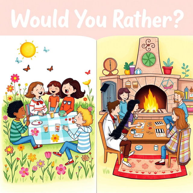 A whimsical and colorful illustration for a 'Would You Rather?' book, featuring two contrasting scenarios: on one side, a cheerful outdoor picnic scene with friends enjoying a sunny day, surrounded by vibrant flowers and butterflies, and on the other side, a cozy indoor scene with a group of friends playing board games by a crackling fireplace, complete with snacks and warm blankets