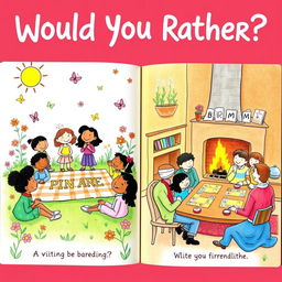 A whimsical and colorful illustration for a 'Would You Rather?' book, featuring two contrasting scenarios: on one side, a cheerful outdoor picnic scene with friends enjoying a sunny day, surrounded by vibrant flowers and butterflies, and on the other side, a cozy indoor scene with a group of friends playing board games by a crackling fireplace, complete with snacks and warm blankets